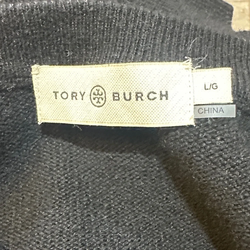 Tory Burch Black Cashmere Crew Neck Sweater Silver Metallic Accents